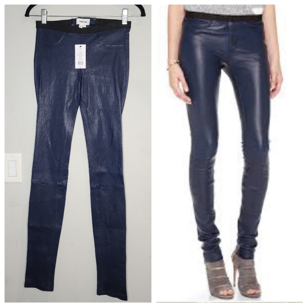 NWT Helmut Lang 100% Lamb Leather Pull On Blue Stretch Legging Skinny Pants Sz 0